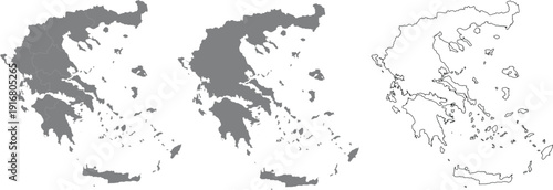 Greece Map Set  Silhouette, Outline, and Regional Borders Vector Illustration