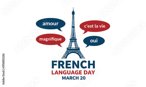 French language day celebration with eiffel tower and speech bubbles