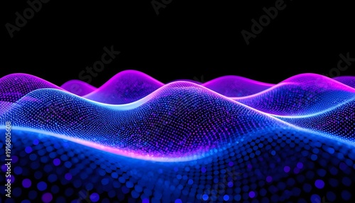 A vibrant digital landscape of wavy lines and dots in shades of blue and purple against a black background