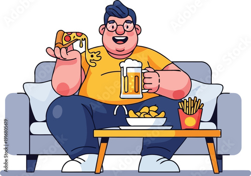 Overweight man sitting on couch eating fast food and drinking beer vector