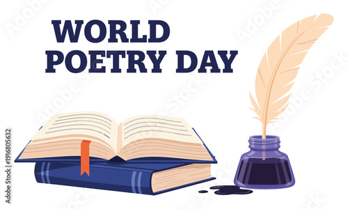World poetry day celebration with book and quill