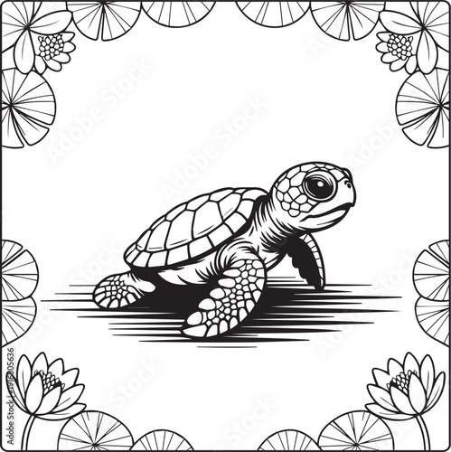 Cute animal with beautiful flowers coloring page for kids and adults, black line art vector illustration for 
activity page or book design