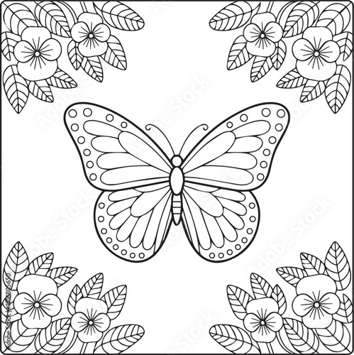 Cute animal with beautiful flowers coloring page for kids and adults, black line art vector illustration for 
activity page or book design