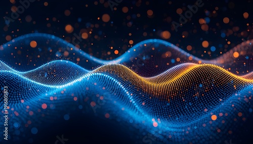 A vibrant digital illustration of glowing blue and orange waves with sparkling particles in a dark background