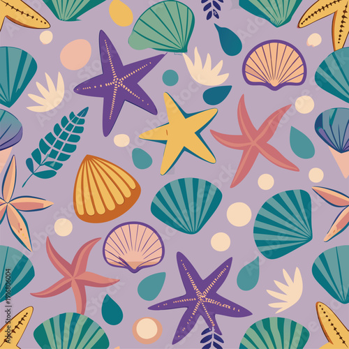 Seamless Pattern of Shells. Starfish. and Leaves