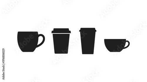 Black Coffee Cups and Mugs Silhouettes Isolated on White Background