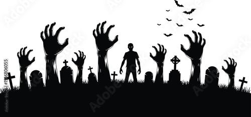 Spooky Graveyard Silhouette Vector Illustration with Zombie Hands Rising from Ground and Undead Creature Under Bats for Halloween Horror Theme Background Design Graphic Art