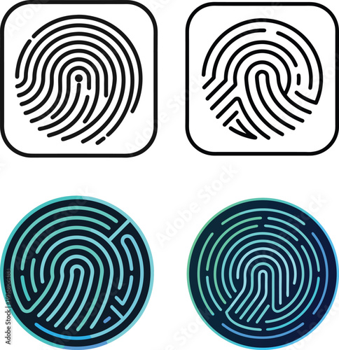 Vector set of biometric fingerprint scanning icons for cyber security and authentication
