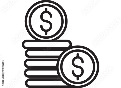 Coins stack icon with dollar sign, simple black outline illustration isolated on white background for finance, savings, banking, investment, profit and money concept
