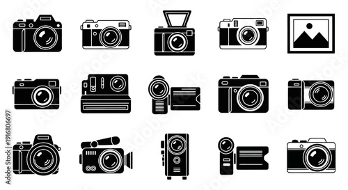 Collection of Vintage and Modern Camera Icons.
