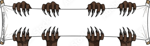 Creepy Monster Claws Holding Blank White Banner with Long Sharp Nails Illustration for Halloween Horror Frame Spooky Message Template or Creepy Signboard Vector