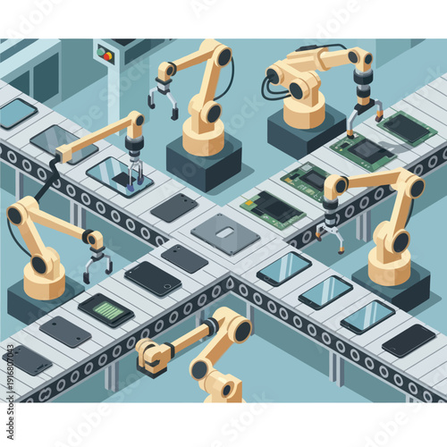 Industrial Robots in Automated Manufacturing Facility.