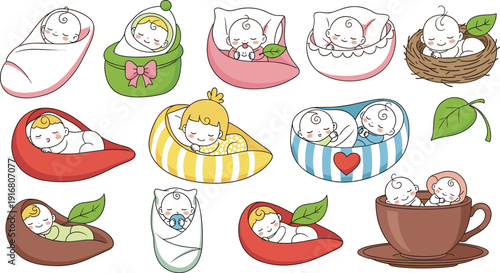 Cute Sleeping Babies Collection Swaddled Newborns in Nest Leaf Cup Cocoon Cradle Cartoon Vector Illustration Set Nursery Baby Shower Design
