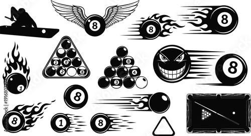 Billiards and Pool Ball Icon Set Vector Illustration of Eight Ball Flames Winged Emblems Triangle Rack Table and Speed Motion Graphics Collection