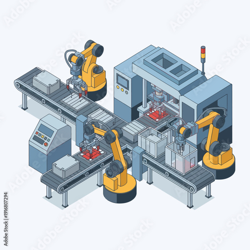 Industrial Robots Working on Assembly Line.