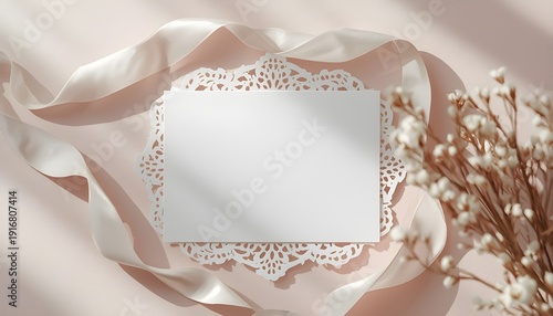A delicate white card surrounded by pale pink ribbon and baby's breath flowers on a soft background