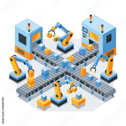 Industrial Robots on Assembly Line Production.