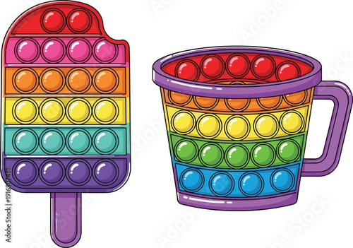 Rainbow Pop It Fidget Toy Set Popsicle and Cup Shape Silicone Bubble Sensory Antistress Game Colorful Push Popper Vector Illustration Collection