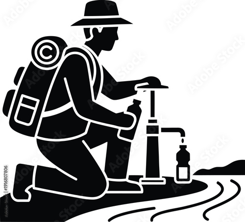 Silhouette Hiker collecting water from hand pump in outdoor wilderness area