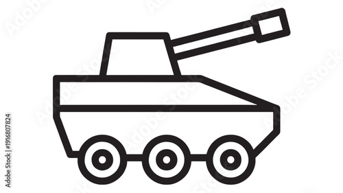 Tank icon in black outline, military armored vehicle with cannon barrel and wheels, simple flat line art symbol isolated on white background for UI and apps