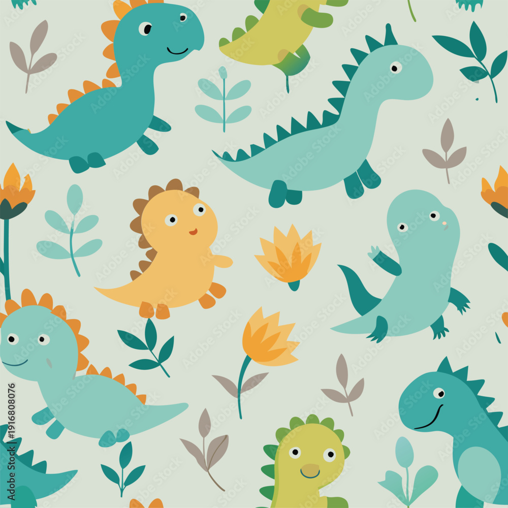 Naklejka premium Cute dinosaurs and flowers pattern
