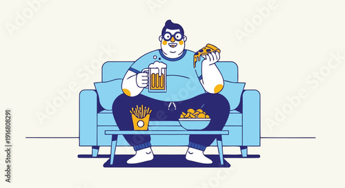 Cartoon man sitting on couch with fast food and alcohol vector design