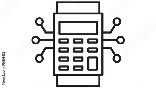 Payment terminal icon with connected network nodes, fintech transaction device outline on white background for digital payments, POS systems, banking, and commerce apps