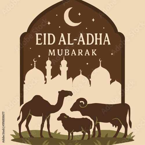 Eid Al-Adha Mubarak Celebration Banner with Islamic Moon and Goat Shadow