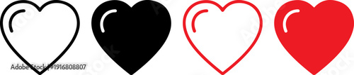 Set of modern heart shapes in black and red for love and care themes