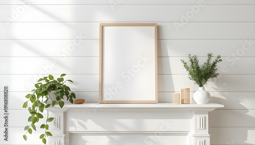 A serene and modern interior space with a blank picture frame on a white mantelpiece surrounded by plants and natural light
