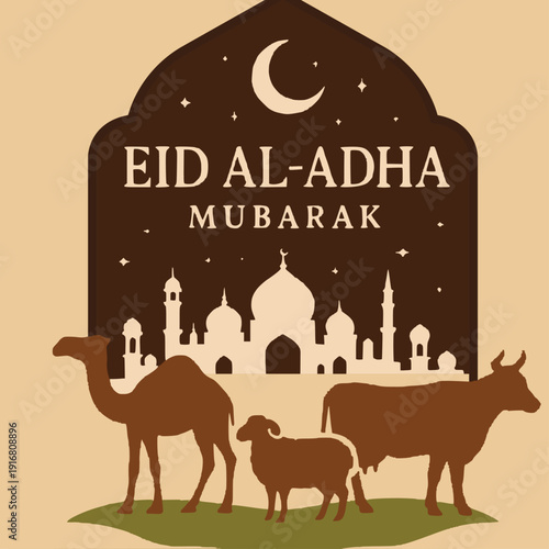 Eid Al-Adha Mubarak Celebration Banner with Islamic Moon and Goat Shadow