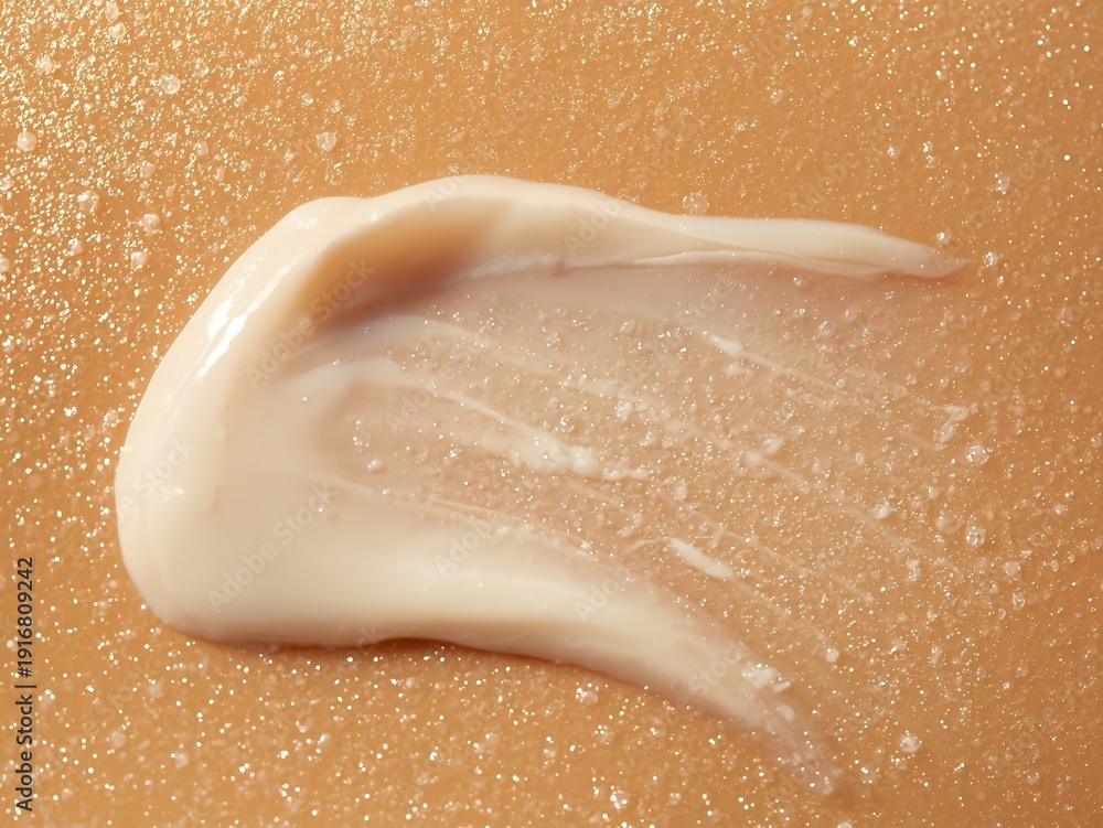 Fototapeta premium White sunscreen lotion spread on golden tanned skin with sparkling water droplets in warm light. Sun protection and body care concept for cosmetic brands, SPF advertising, and summer campaigns.