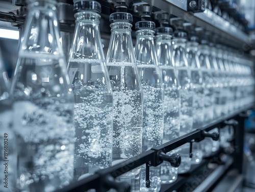 Transparent glass bottles being filled with sparkling water and visible bubbles on industrial conveyor. Clean beverage factory concept for drink production, water industry, and manufacturing use.