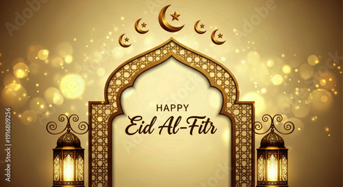 Happy Eid-Al-Fitr illustration with golden Islamic arch and glowing lanterns, a celebration of faith