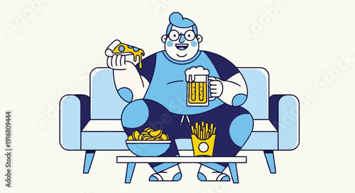 Overweight man eating pizza and drinking beer on sofa vector illustration