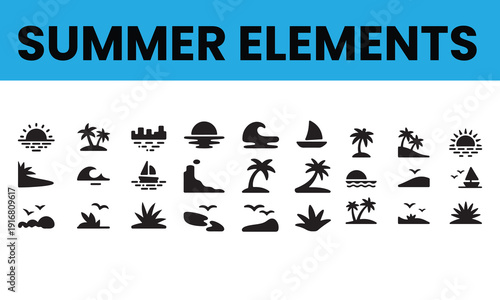 Collection of summer vacation and beach icons featuring various activities and elements