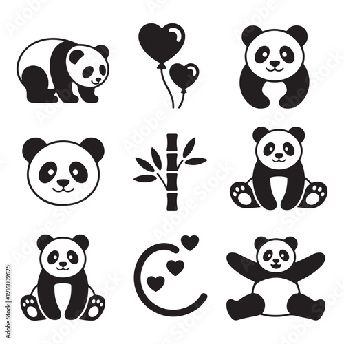 Cute black and white panda icons with heart and bamboo designs isolated