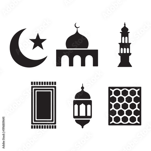 Islamic Culture Symbols Set Featuring Mosque Architecture and Religious Icons
