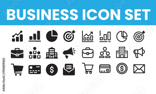 Set of black and white business icons for presentations and websites