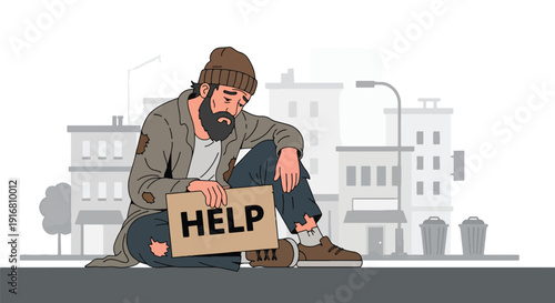 Modern vector illustration of homeless man sitting on urban sidewalk holding cardboard sign asking for help, poverty awareness and economic hardship concept showing social inequality