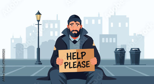 Modern vector illustration of homeless man sitting on urban sidewalk holding cardboard sign asking for help, poverty awareness and economic hardship concept showing social inequality