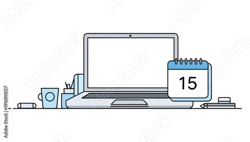 Laptop computer with calendar on the 15th day surrounded by office supplies and workspace organization tools neatly arranged