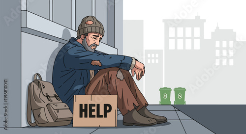 Modern vector illustration of homeless man sitting on urban sidewalk holding cardboard sign asking for help, poverty awareness and economic hardship concept showing social inequality