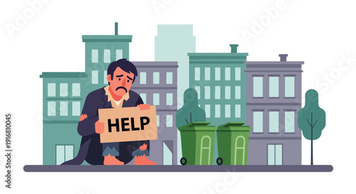 Modern vector illustration of homeless man sitting on urban sidewalk holding cardboard sign asking for help, poverty awareness and economic hardship concept showing social inequality