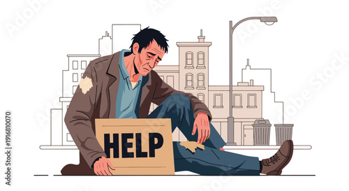 Modern vector illustration of homeless man sitting on urban sidewalk holding cardboard sign asking for help, poverty awareness and economic hardship concept showing social inequality