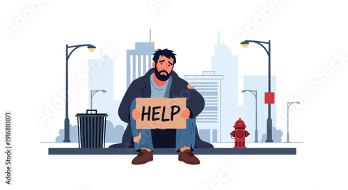 Modern vector illustration of homeless man sitting on urban sidewalk holding cardboard sign asking for help, poverty awareness and economic hardship concept showing social inequality