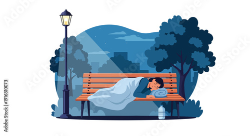 Modern vector illustration of homeless woman sleeping on public park bench with blanket, urban poverty and housing crisis awareness concept highlighting social inequality and survival lifestyle