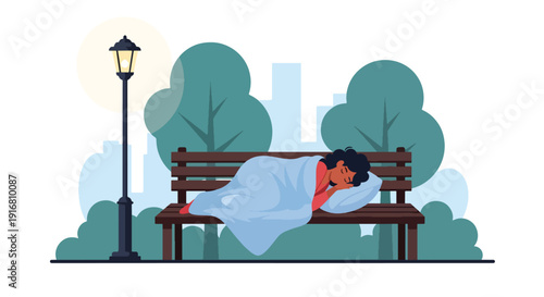 Modern vector illustration of homeless woman sleeping on public park bench with blanket, urban poverty and housing crisis awareness concept highlighting social inequality and survival lifestyle