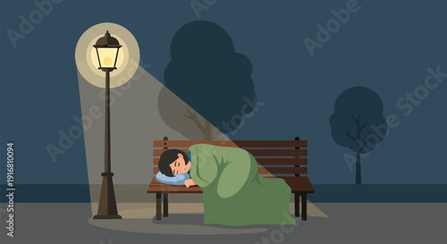 Modern vector illustration of homeless woman sleeping on public park bench with blanket, urban poverty and housing crisis awareness concept highlighting social inequality and survival lifestyle