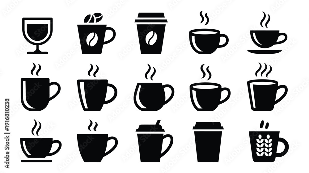 Fototapeta premium Coffee Cup And Mug Silhouette Collection, Modern Vector Illustration For Beverage Branding Cafe Menu Design Hot Drink Icons And Elegant Coffee ware Artwork Isolated On White Background.